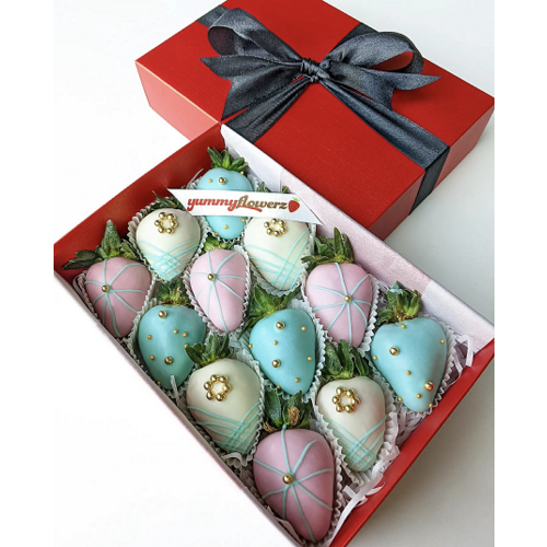 12pcs Blue, Pink, Gold & White Chocolate Strawberries Gift Box
